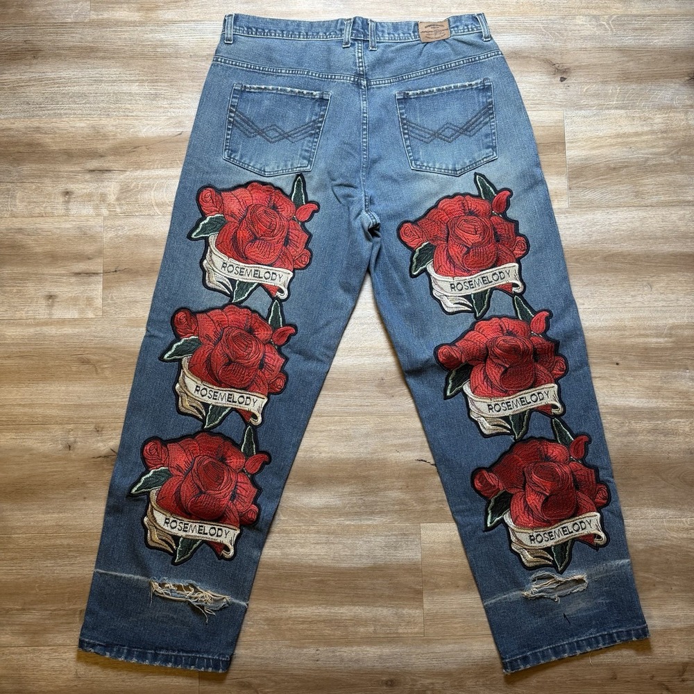 Embroidered Jeans Men 38x32 Blue Relaxed Fit Custom Rose Distressed (Tag 40x34)